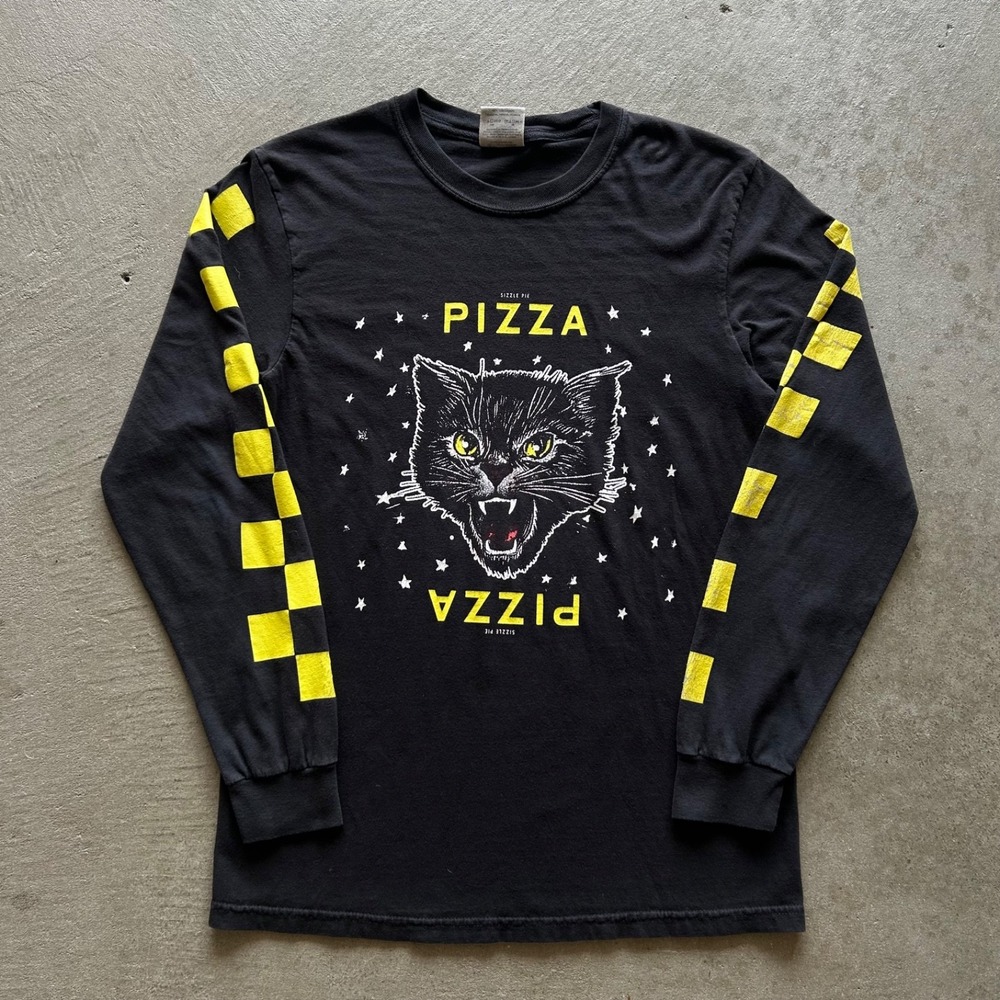 Vintage Sizzle Pie Pizza Long Sleeve Shirt Size Small Black Y2K Cat Kitten